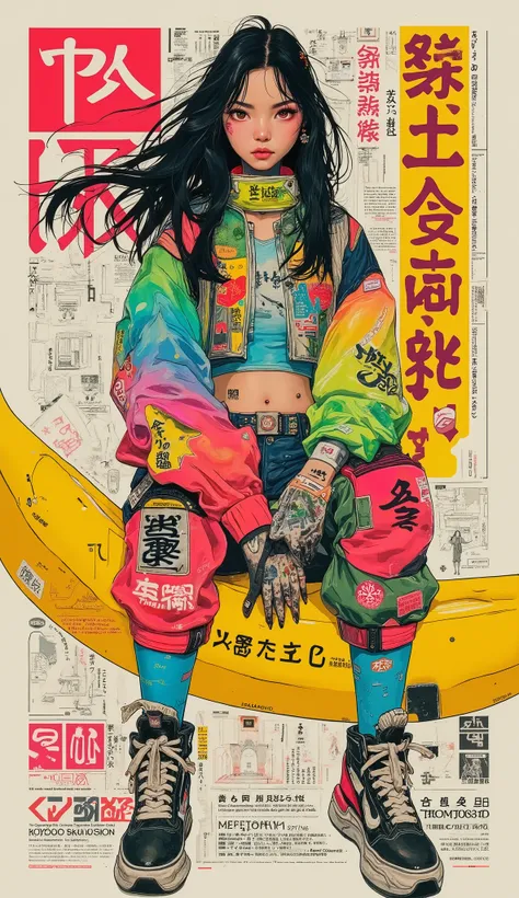 collage of magazine scraps, arte de colagem, The art of creating works combining various materials,Poster with modern and popular design, Retro Tokyo style, Y2K, com contorno branco, alta qualidade, ultra-detalhado, a high school girl sitting on a giant fl...