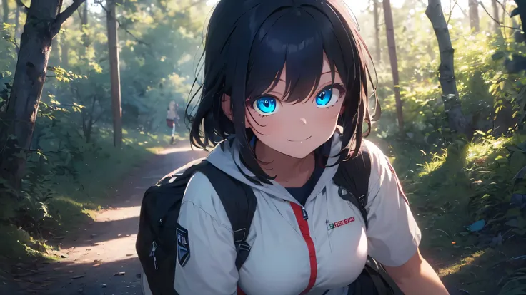 Draw a happy tomboy with dark skin in the woods, close up POV, she has blue eyes and she's smiling softly at the viewer. She is wearing park ranger outfits, her butt is big and hips wide. She is wearing scout master outdoors clothes. She has small breasts ...