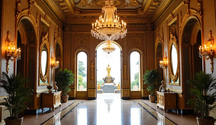 A panoramic view of the vestibule filled with intricately designed mirrors and an extravagant chandelier.,detailed background,,