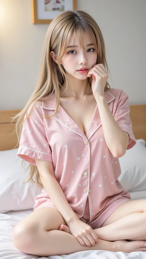 masterpiece, top quality, girls, pajamas, Polka dot pattern, cute, summer, bed, sitting、Sunshine, anime style, high resolution, Super Detailed、Yawning、 Awaken、Raise the Extend one hand a lot big breasts belly button だらしないpajamas tousled hair