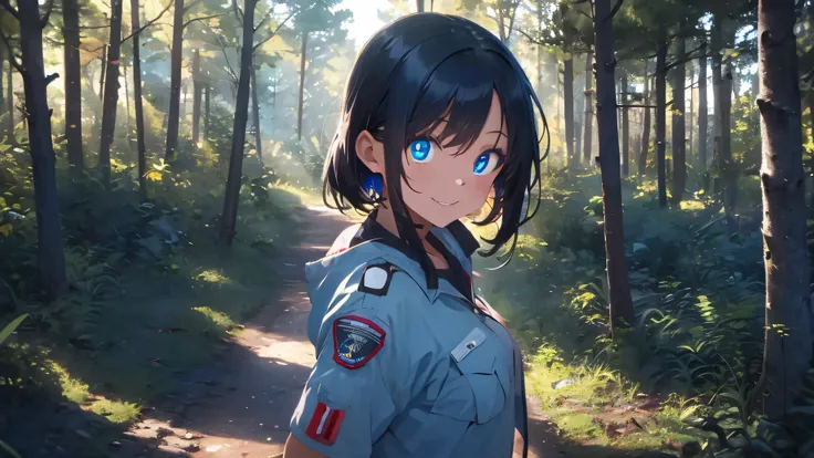 Draw a happy tomboy with dark skin in the woods at night, close up POV, she has blue eyes and she's smiling softly at the viewer. She is wearing park ranger outfits, her butt is big and hips wide. She is wearing scout master outdoors clothes. She has small...