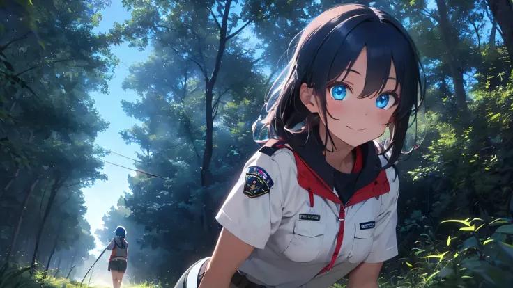 Draw a happy tomboy with dark skin in the woods at night, close up POV, she has blue eyes and she's smiling softly at the viewer. She is wearing park ranger outfits, her butt is big and hips wide. She is wearing scout master outdoors clothes. She has small...