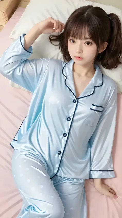 masterpiece, top quality, girls, (tight nylon pajamas), Polka dot pattern, cute, summer, bed, Sunshine, anime style, high resolution, Super Detailed、Sleepy face、((Messy Hairstyle))