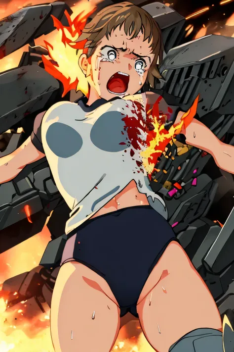 cockpit_explosion, fire, electricity, screaming, explosion, science fiction, wide-eyed, tearing clothes, standing, blood, scared, sweat, crying, mecha, torn clothes, tears, cockpit,1girl、wearing black gymnastics bloomers,high leg,white blouse,cowboy shot,s...