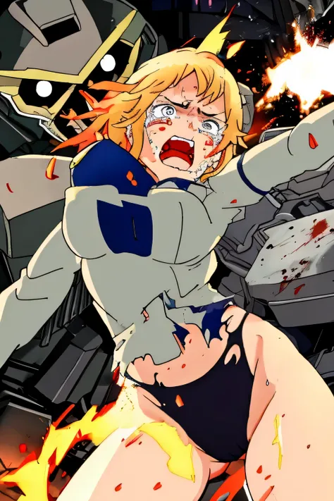 cockpit_explosion, fire, electricity, screaming, explosion, science fiction, wide-eyed, tearing clothes, standing, blood, scared, sweat, crying, mecha, torn clothes, tears, cockpit,1girl、wearing black gymnastics bloomers,high leg,white blouse,cowboy shot,s...
