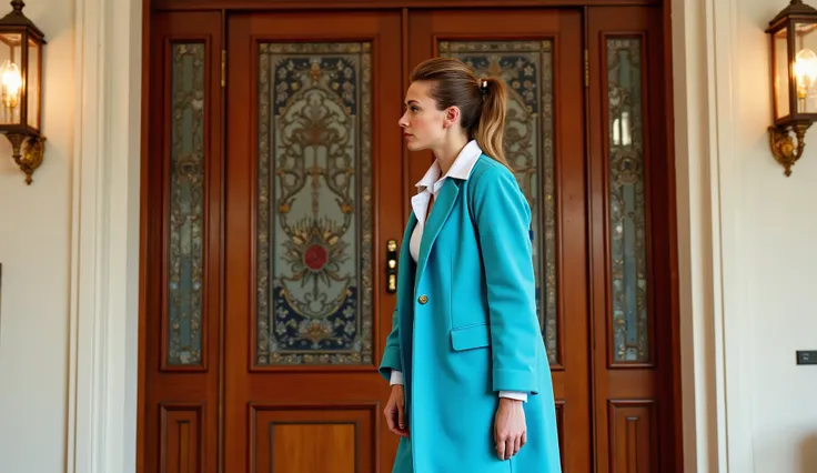 Eleanor, an elegant 22-year-old woman (exuberant in her form) dressed in an expensive turquoise designer ensemble, with a (((jacket, skirt, and white collared shirt))). Arriving at the mansion with a large box of artist's tools, brushes, fabrics, rolled wa...
