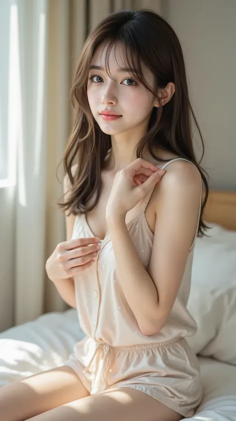 (masterpiece, best quality、top quality)、Reality、Ultra High Definition、girls, (tight satin pajamas, Polka dot pattern), cute, summer, bed, sitting、Sunshine, anime style, high resolution, Super Detailed、Raise the、Extend one hand a lot、(big breasts)、belly but...