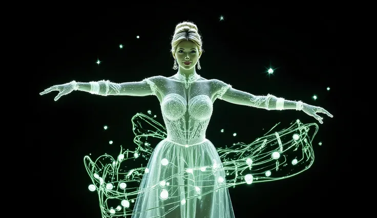 A visual representation of musical notes is shown spinning in the air, accompanied by the luminous outline of a beautiful ghostly woman in a ball gown, crown, earrings, hair tied in a bun, smiling and dancing in a twirl