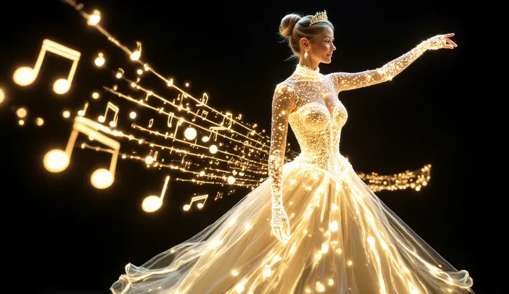 A visual representation of musical notes is shown spinning in the air, accompanied by the luminous outline of a beautiful ghostly woman in a ball gown, crown, earrings, hair tied in a bun, smiling and dancing in a twirl