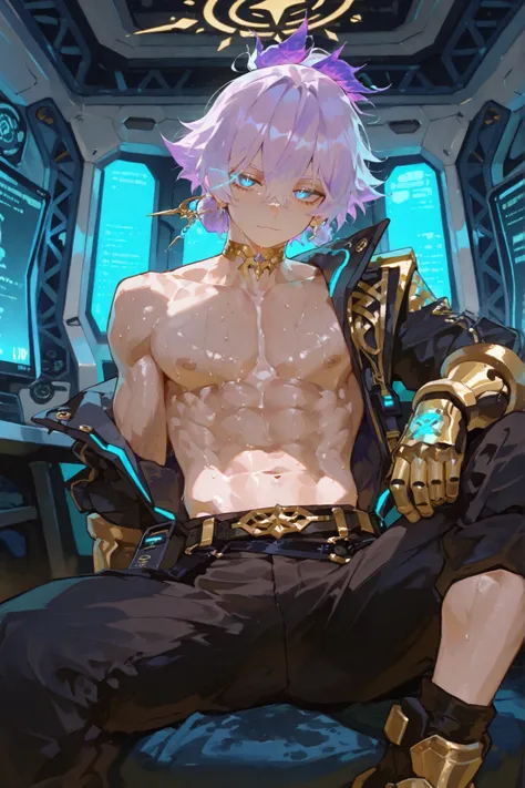 
1boy focus,SEDUCTIVE AND GAY POSE . young latino boy toned  white freckles 15 year old boy who is lean muscular body big manly chest , soft glowing fair dark  skin, lavendar light purple  hair  messy spikey fade huge hairstyle fringe hair  sticking to for...