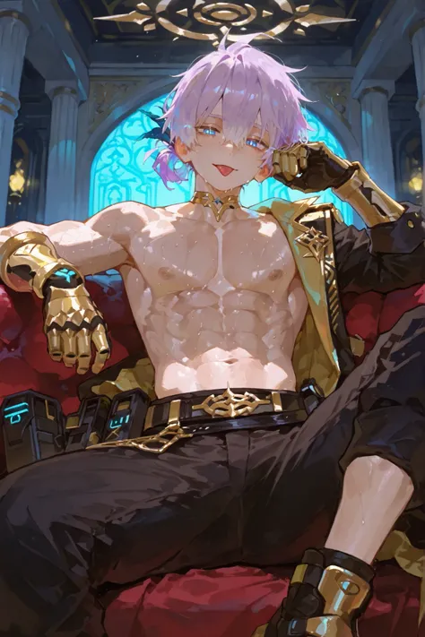 
1boy focus,SEDUCTIVE AND GAY POSE, TONGUE OUT FULL OF WHITE STUFF . young latino boy toned  white freckles 15 year old boy who is lean muscular body big manly chest , soft glowing fair dark  skin, lavendar light purple  hair  messy spikey fade huge hairst...