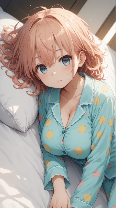 masterpiece, top quality, girls, pajamas, Polka dot pattern, cute, summer, bed, Face Down、pillow、Sunshine, anime style, high resolution, Super Detailed、 Awaken、stare、(big breasts、 cleft)、だらしないpajamas、((Messy Hairstyle))