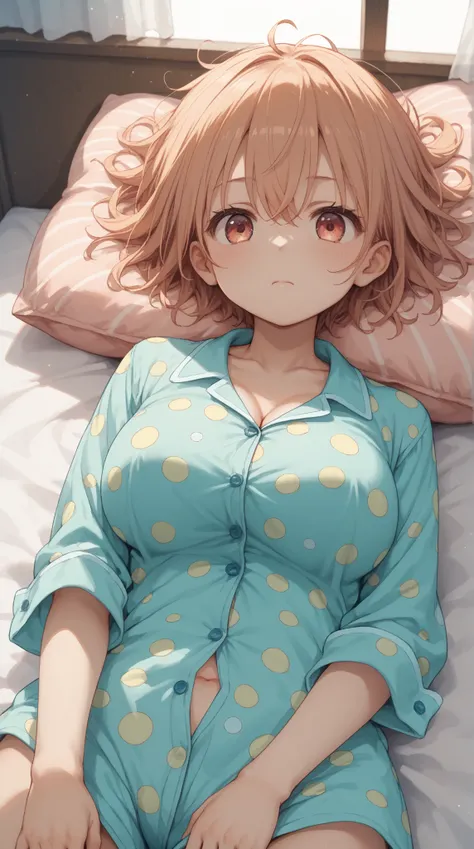 masterpiece, top quality, girls, pajamas, Polka dot pattern, cute, summer, bed, Face Down、pillow、Sunshine, anime style, high resolution, Super Detailed、 Awaken、stare、(big breasts、 cleft)、だらしないpajamas、((Messy Hairstyle))
