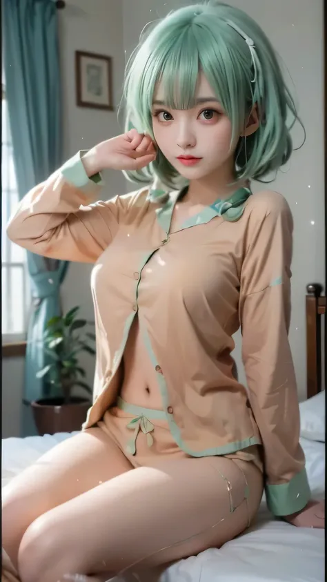 ((top quality, best quality, masterpiece)), Reality,
Ultra High Definition, A woman with green hair is sitting on a bed, anime girl cosplay, anime girl in real life, seductive anime girl, anime cosplay, wearing pajamas, ayaka cosplay, attractive anime girl...