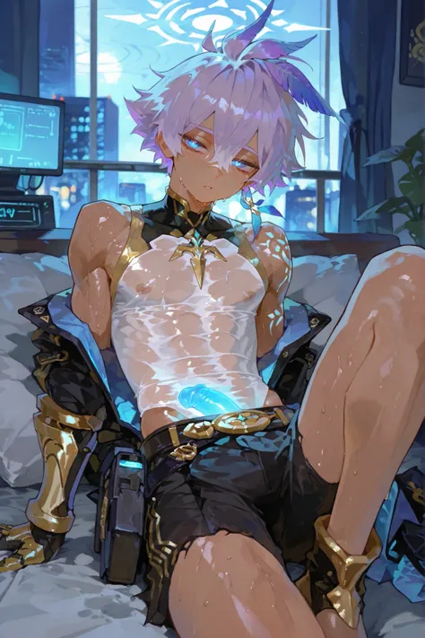 
1boy focus,SEDUCTIVE AND GAY POSE, TRANSPARENT X RAY CLOTHES . young latino boy toned  white freckles 15 year old boy who is lean muscular body big manly chest , soft glowing fair dark  skin, lavendar light purple  hair  messy spikey fade huge hairstyle f...