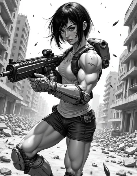 manga style,black and white manga, stylish Russian girl with big eyes and a short pixie haircut, ,slim sweet, thoughtful,big eyes, sexy,manga,realism,black and white image,drawn manga style,Cute girl,in short shorts and a,blond hair, sexy, skinny,girl,Russ...