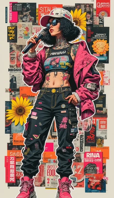 collage of magazine scraps, arte de colagem, The art of creating works combining various materials,Poster with modern design, retro anime style, Y2K, com contorno branco, alta qualidade, ultra-detalhado, A rapper girl with a microphone in her hand singing ...