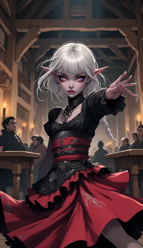 (A fusion of Ukiyo-e and dark fantasy. Aesthetic and gothic digital art. Draw a detailed face. Look away.) BREAK (White hair. Blunt bangs. White eyebrows. Long white eyelashes. Almond-shaped eyes. Lavender eyes. Dark, thick eyeliner. Small pink lips. Sligh...