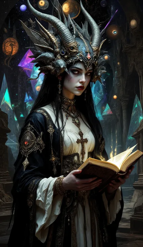 Surreal Painting, An extravagant, mysterious female figure dressed in intricately embroidered black and white medieval clothing that fits her form perfectly , A jeweled rosary necklace with a large crucifix rests on her shoulder,Allusions to a historical ...