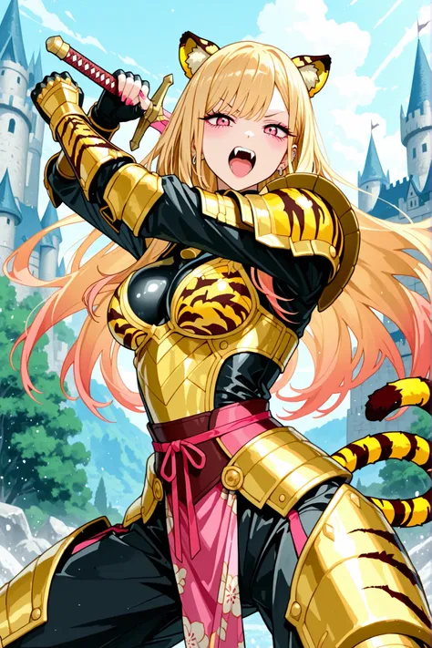 Full figure, anime, Marin kitagawa, very short blonde hair, pink eyes, 1girl halfblood human-tiger wear a isekai tiger armor,open mouth with fangs, tiger-ears, pose fighting, handling big-dragon-magic-sword, looking at viewer,, medbreast,, lgreen Tiger ...