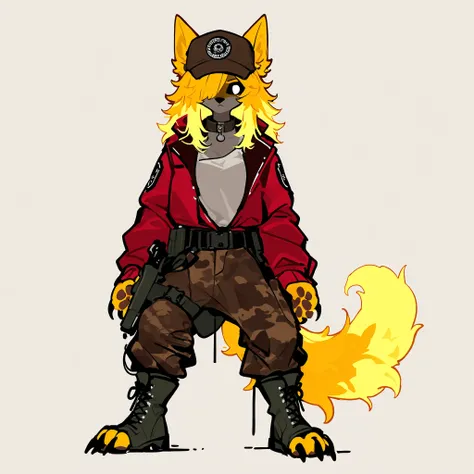 (metacarpal pad, claws, detailed paws, blond paws,Canine paws,) The blond werewolf girl is a wolf furry. She has longest messy fluffy blonde hair with fluffy bangs over one eye, hiding half of her face. She has a long fluffy blonde wolf tail and big wolf...