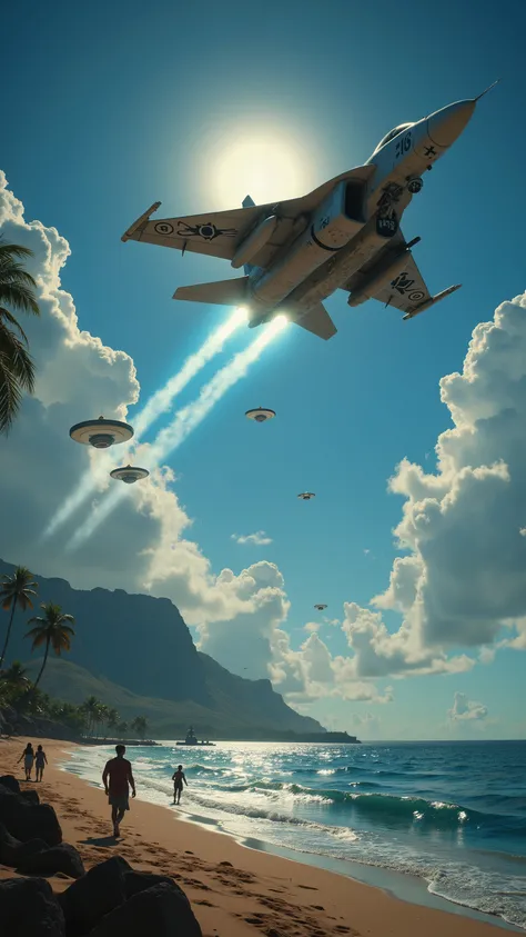 high-resolution footage、battle at Waikiki Beach in Hawaii、F-14 intercepts UFOs、creative footage、(F-14 Maverick)attacks since there are UFOs on the coast from Diamond Head、American Navy destroyers also attack UFOs with missiles and laser weapons、UFO rays on...