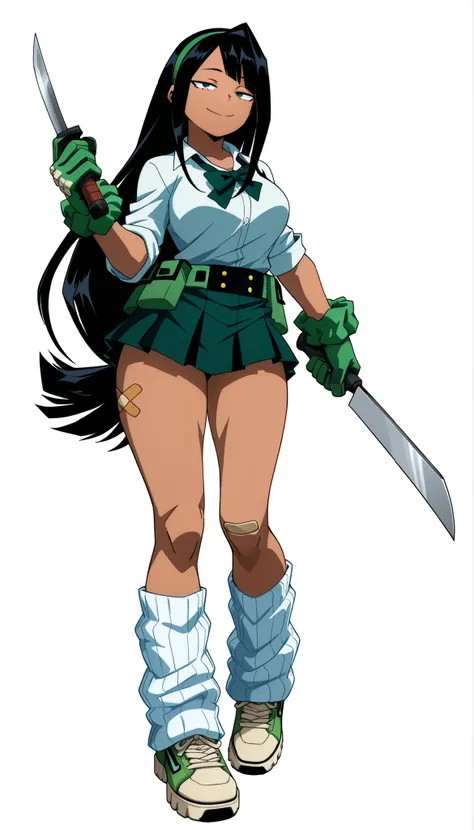 ((Highest Quality)), (Simple background), 1girl, full body, standing, breast, thighs, smile, seductive, half-closed eyes, dark skin, green eyes, black hair, very long hair, side bangs, single hair intake, tied collared shirt, loose bowtie, green bow tie, m...