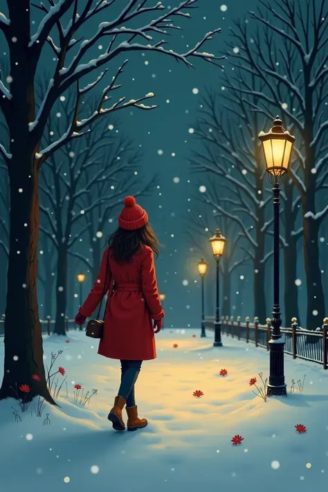 A woman in a red coat walks through a snowy park at night, surrounded by glowing lanterns. Her footsteps are the only sound when snowflakes fall silently beside her. The atmosphere is still static, drawn in a soft storybook style，The shade is warm，Detailed...