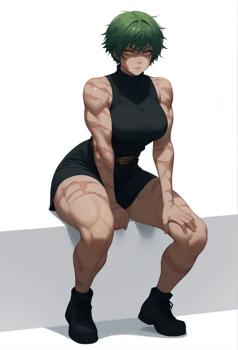 score_9,score_8_up,score_7_up,score_6_up maki zenin,1girl, arm support, belt, biceps, black footwear, black hair,green hair, black shirt, breasts, yellow eyes, hand on own thigh, large breasts, leaning forward, looking at viewer, muscular, muscular female,...