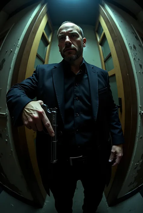 Realistic image、realistic photo style、realistic skin texture、Picture seen from peephole、fisheye lens、A man with a hidden gun is standing across the door、dramatic images、Thrilling Expansion