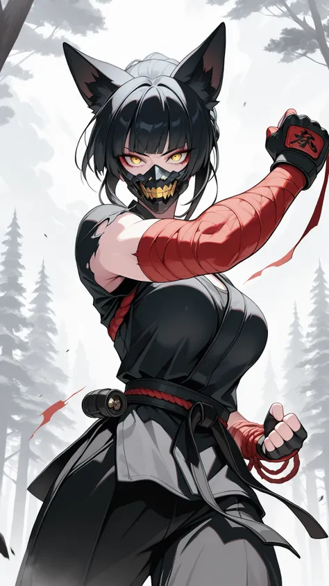 absurdres, (((Ultra HD))), (((Ultra High Quality))), ((hyper detailed)), ((Ultra High Resolution)), (Highly rendered), ((detailed eyes)), (((8K))), ((perfect face)), ((masterpiece)), cinematic, solo, 1girl, thin, martial artist, fox ears ears, yellow eyes,...