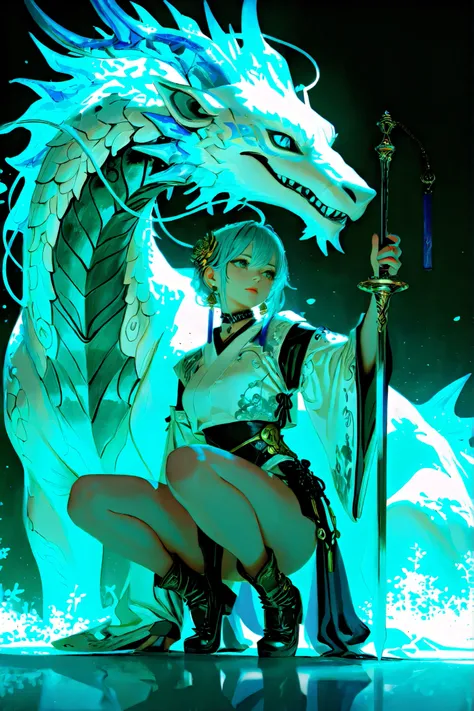 ((low angle)) A stunning female warrior inspired by Asian mythology and designed as a high-end video game character. She has shoulder-length blue hair, sharp ice-blue eyes, and wears a flowing Asian-style battle outfit — wide sleeves, structured layers, da...