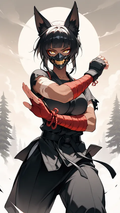 absurdres, (((Ultra HD))), (((Ultra High Quality))), ((hyper detailed)), ((Ultra High Resolution)), (Highly rendered), ((detailed eyes)), (((8K))), ((perfect face)), ((masterpiece)), cinematic, solo, 1girl, thin, martial artist, dark skinned female, fox ea...