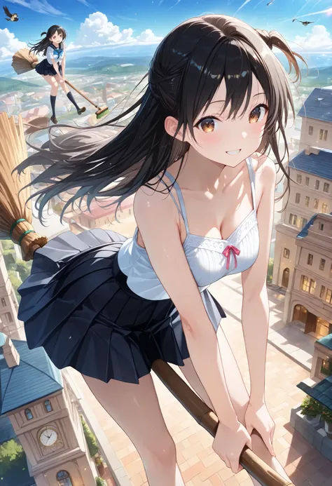 Top quality, masterpiece, ultra high definition , Chizuru, Ichinose Chizuru, school uniform,(seifuku:1.2),19s,,(Astride a broom:1.2),(Floating in the air:1.3),((Long hair)), ((Black hair)), ((One-side up)), ((Brown eyes)), ((20 years old)), ((Young adult))...