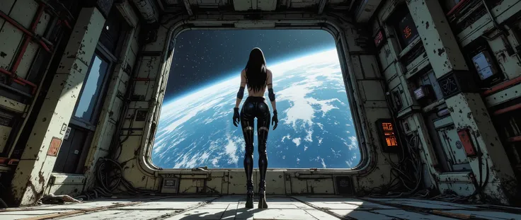 [Background art]] The setting of a futuristic, cyberpunk-style spaceship, with a dark, retro atmosphere, inspired by 90s anime. An empty room inside a ship, with a huge window to space. The rectangular window shows the dark space and the curvature of the E...