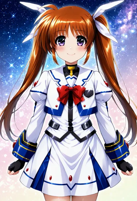 top quality、Otome、shot from the front,high resolution、Standing姿勢、(animeイラストスタイル:1.3)、pastel colors,anime,glossy skin,starry sky background,takamachi Nanoha,Nanoha,Smile Yan、Beautiful White Skin,BEAUTIFUL BEAUTIFUL STUDENTS,beautiful bright purple eyes , Ex...