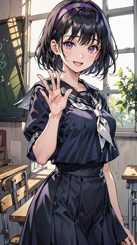 (1 female), 8-head height, (highly detailed CG Unity 8k), (highest quality), (highly detailed), (ultra-high resolution), (black hair; 1.4), (((
hairband))), (short-sleeved sailor uniform: 1.4), dark blue skirt, anime 2D rendering, realistic young anime hig...