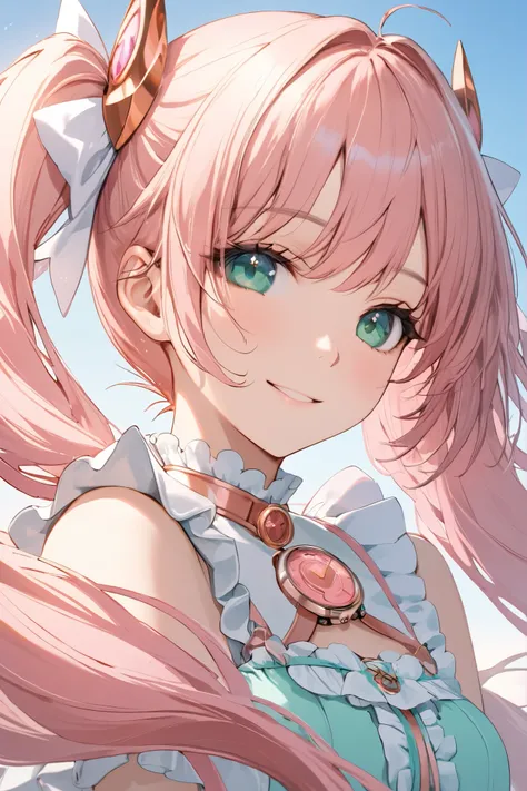 White Frill Dress, Magical Girl, twin tails, wind, Floating Hair, Long Hair, gradient background,Blue Sky, Bang, mint green eyes, upper body, ((( Pink Gold Hair ))), Symmetrical, masterpiece, top quality,Watch Viewers,kind smile