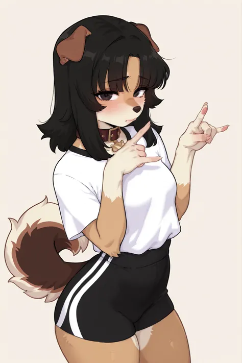 1 anthro woman, medium hair, straight black hair, bangs, dog ears, dog tail, bicolor fur, caramel fur, white shirt, collar, shouder showing, sports shorts, beige background, look at viewer, blowjob_gesture, shy