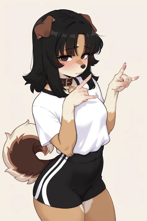 1 anthro woman, medium hair, straight black hair, bangs, dog ears, dog tail, bicolor fur, caramel fur, white shirt, collar, shouder showing, sports shorts, beige background, look at viewer, blowjob_gesture, shy