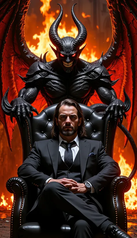Hyper-realistic, high-detail dark fantasy close-up. A lone man in a tailored black suit sits confidently in an old leather throne engulfed by slow-burning orange flames. His hands are clasped beneath his chin, eyes calm and resolute. Behind him stands Luci...