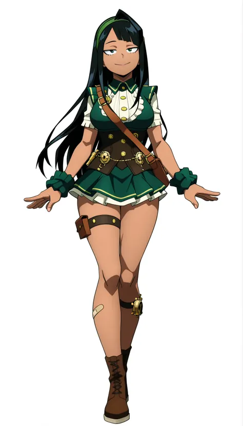 ((Highest Quality)), (Simple background), 1girl, full body, standing, breast, thighs, smile, seductive, half-closed eyes, dark skin, green eyes, black hair, very long hair, side bangs, single hair intake, gyaru, wrist scrunchy, green hairband, bandaids on ...