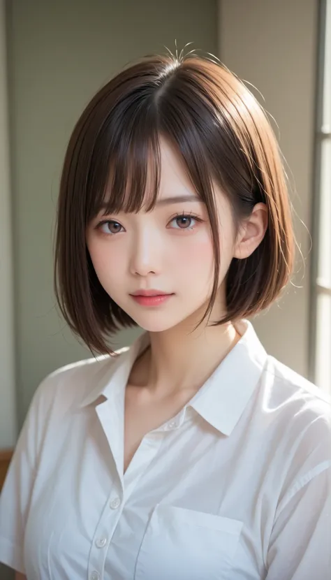 Genuine, nsfw,  high res image ,  masterpiece,  最High Quality ,  High Quality ,  very detailed,  more information,  sharp details,  sharp concentration , professional light ,  Alone,  1 ,  young Japanese woman, 、黒髪、 bob cut )), 、ネックレス、カメラ目線、背景は部屋の中