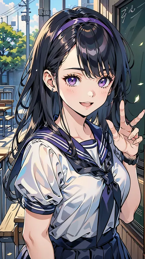 (1 person female), 8-headed body, (very detailedCG Unity 8k), (top quality), (very detailed), (super high resolution), (dark haired;1.4), (hair band at the top of the head:1.4), (short sleeve sailor suit:1.4), Dark Blue Skirt, animated 2D rendering, realis...