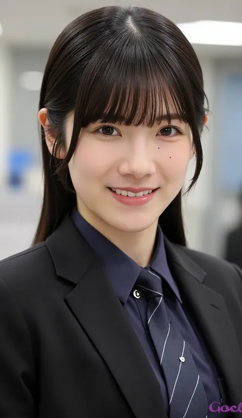 Neat Young Woman、and look at the camera、office lady suit、jacket、shirt、necklace、、ear piercing、薄い茶髪、、Has bangs、smile showing teeth、Bust Up Shot、background is office
