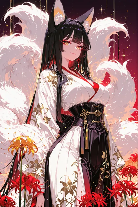 rich,beautiful fox girl, nine fluffy tails, long black hair with soft red gradient, fox ears, golden eyes with detailed irises, soft smile, modern kimono-style outfit, white and ink color, corset waist, elegant slit skirt, subtle sensuality, fluffy tail mo...