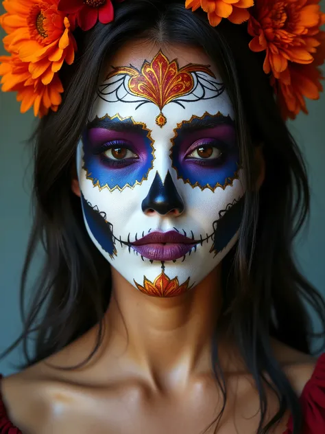 woman wearing Mexican skull makeup headshot