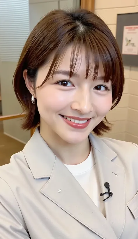 Neat Young Woman、and look at the camera、office lady suit、jacket、shirt、ネックレス、、ear piercing、、smile showing teeth、背景はオフィス
