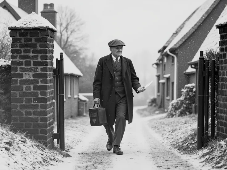 Ultra-realistic black and white photograph of an elderly British postman, from early 20th century UK. He is delivering letters in a remote rural village, surrounded by snow-covered landscapes — narrow dirt paths blanketed in fresh snow, stone cottages with...