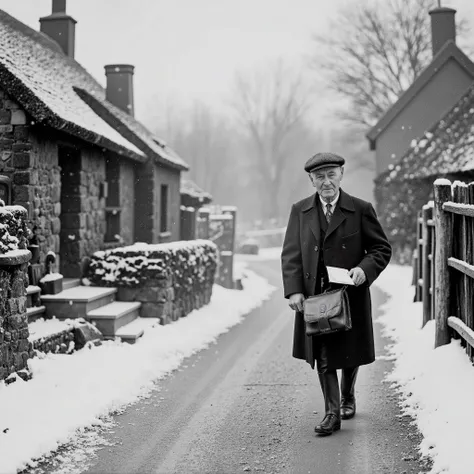 Ultra-realistic black and white photograph of an elderly British postman, from early 20th century UK. He is delivering letters in a remote rural village, surrounded by snow-covered landscapes — narrow dirt paths blanketed in fresh snow, stone cottages with...